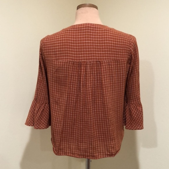 Madewell Veranda Bell Sleeve Windowpane Shirt Size Small Burnt Orange - Picture 4 of 9